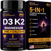 Vitamin D3 K2 Magnesium with Zinc & Calcium | Magnesium Glycinate 1500mg | D3 10,000 IU | K2 200mcg | Calcium 50mg | Zinc 50mg | Bone, Muscle & Immune Support for Women & Men - Vegan - Non-GMO