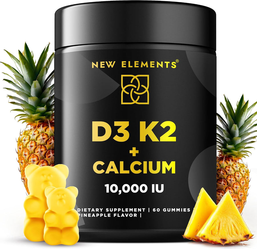 Vitamin D3 K2 Gummies 10,000 IU with Calcium – Bone, Immune & Heart Support – Vegan Pineapple Flavor – 60 Gummies