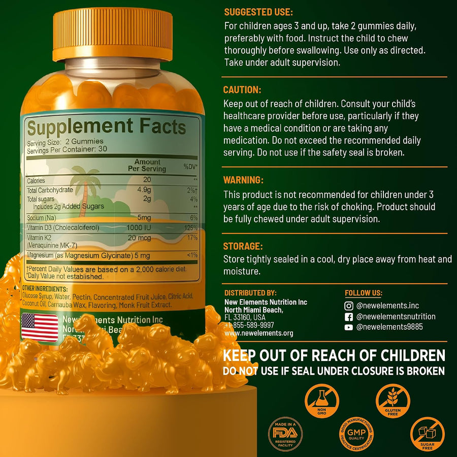 New Elements Kids Vitamin D3 K2 Gummies with Magnesium Glycinate | Strong Bones & Immune Health | Vitamin D3 1000 IU for Kids | Vitamin K2 for Kids 20mcg | Non-GMO, Gluten-Free