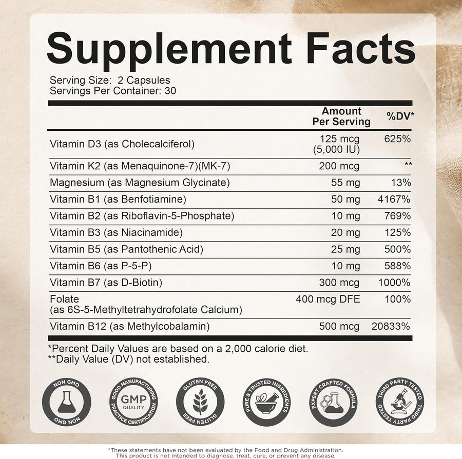 Magnesium Glycinate & B Complex | D3 5000 IU + K2 MK-7 200 mcg with Magnesium Glycinate & 8 B Vitamins; 11-in-1 formula, 60 vegan capsules / 30 servings