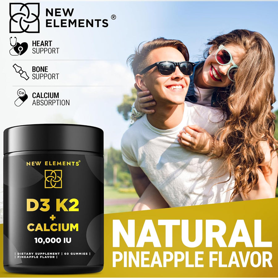 Vitamin D3 K2 Gummies 10,000 IU with Calcium – Bone, Immune & Heart Support – Vegan Pineapple Flavor – 60 Gummies