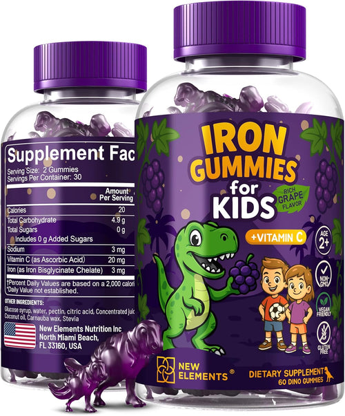 Kids Iron Gummies with Vitamin C – Dino-Shaped, Sugar-Free, Vegan, Grape Flavor – Blood Health & Energy Support – 60 Gummies