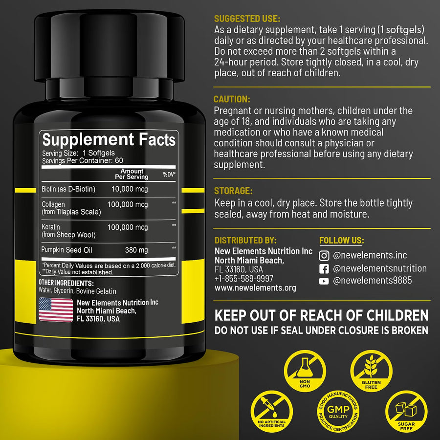 Biotin 10,000mcg with Collagen, Keratin & Pumpkin Seed Oil – Hair, Skin & Nails Supplement for Women & Men | Hair Growth, Strength & Shine | 60 Softgels