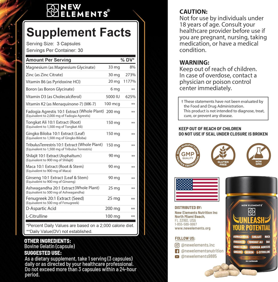 Testosterone Support for Men – Herbal Test Booster with Tongkat Ali, Fadogia Agrestis, Ashwagandha, Shilajit, Tribulus, Ginseng & Zinc | Energy, Strength & Vitality | 90 Capsules