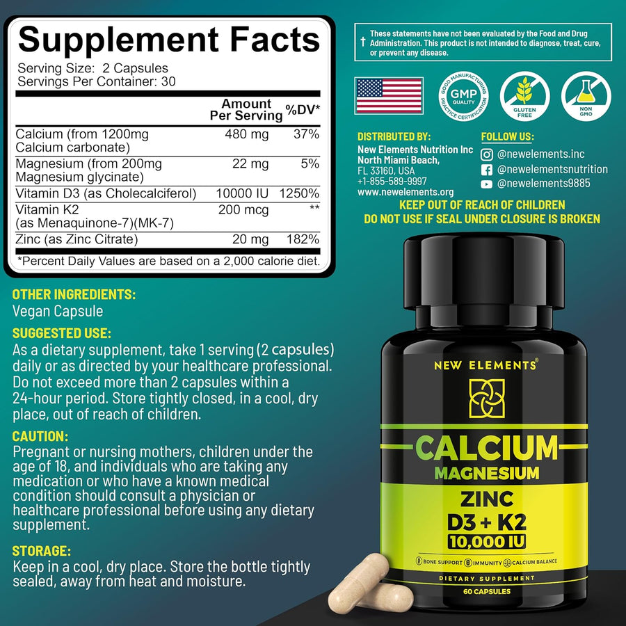 Calcium 1200mg with Vitamin D3 10,000 IU, K2 200mcg, Magnesium Glycinate & Zinc – Bone, Muscle & Immune Support – 60 Vegan Capsules
