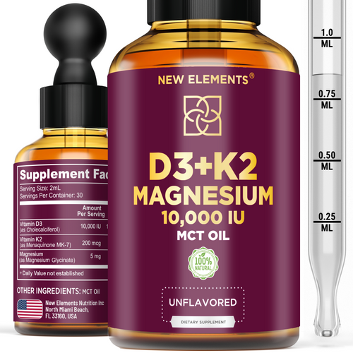 Vitamin D3 + K2 with Magnesium – High Potency 10,000 IU Drops | MK-7 K2 200 mcg, Magnesium Glycinate, MCT Oil (Unflavored, 2 fl oz)