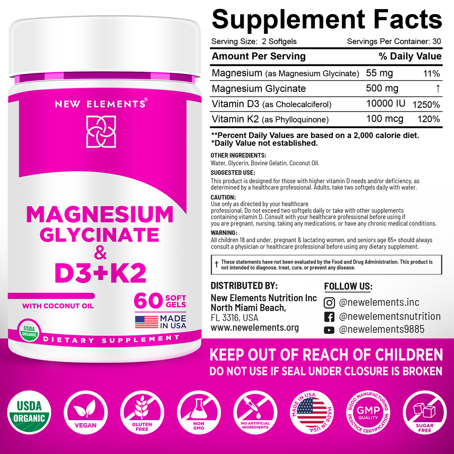 Magnesium Glycinate with Vitamin D3 (10,000 IU) & K2 (200 mcg) – Bone, Heart & Relaxation Support | Softgels with Coconut Oil (60 Count)