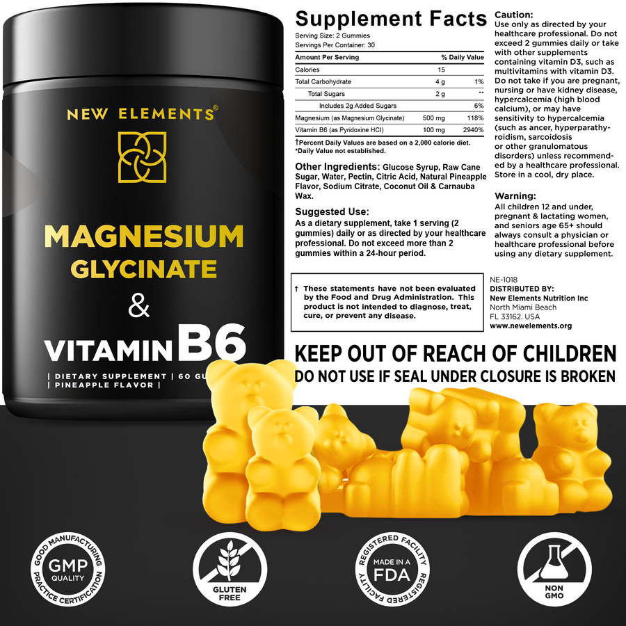 Magnesium Glycinate Gummies with Vitamin B6 – 500 mg Magnesium + 100 mg B6 | Sleep, Relaxation, Stress & Muscle Support | Vegan, Pineapple Flavor (60 Gummies)