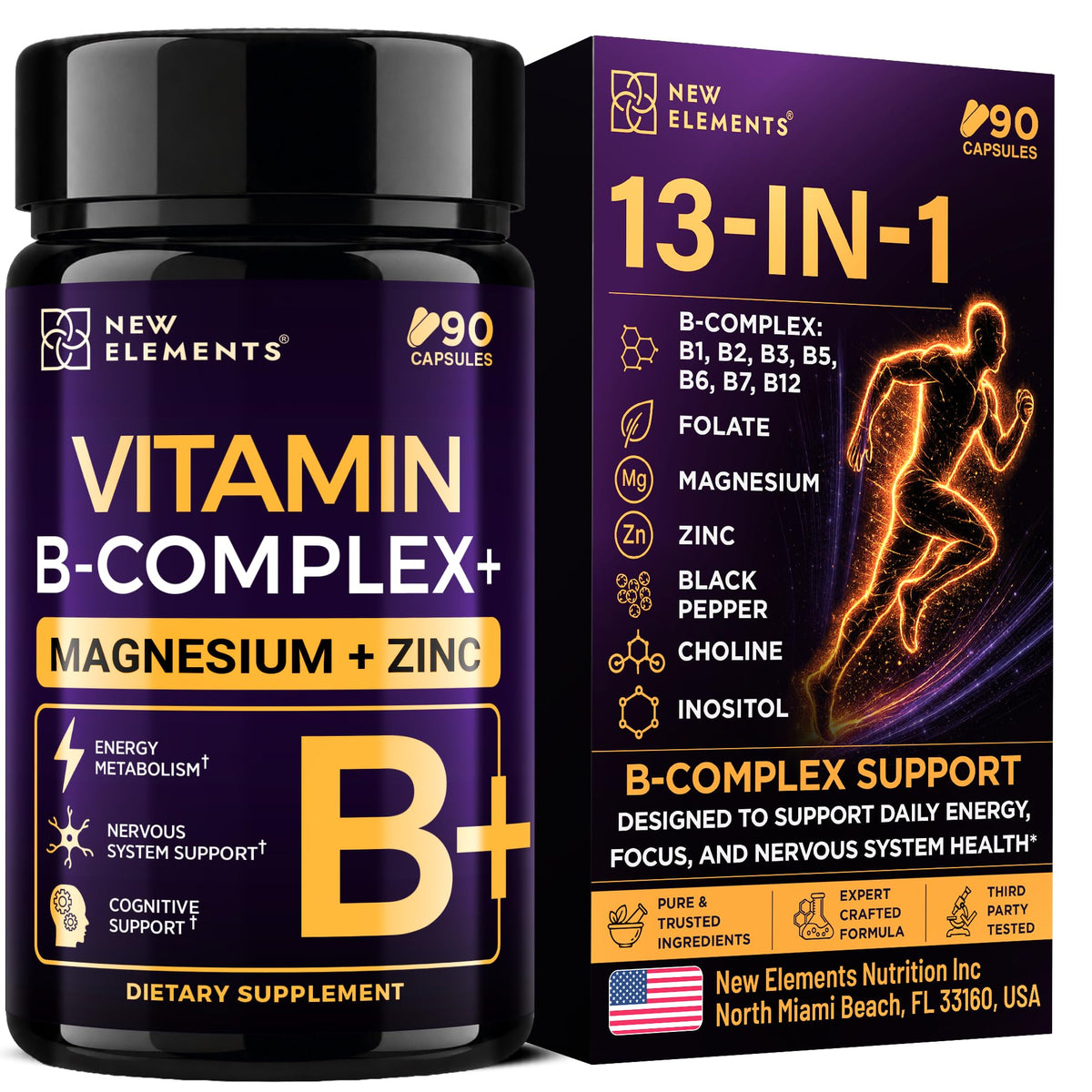 New Elements Methylated Vitamin B Complex for Women & Men, 13-in-1 with B12, Methylfolate, Magnesium Glycinate, Zinc, Choline & Inositol, Energy Metabolism & Nervous System Support, 90 Capsules — Amazon gallery image 1