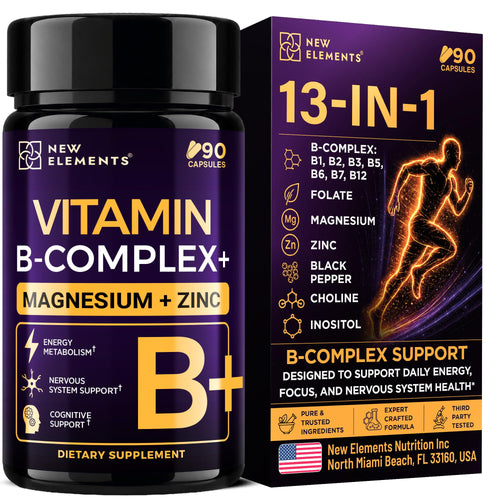 New Elements Methylated Vitamin B Complex for Women & Men, 13-in-1 with B12, Methylfolate, Magnesium Glycinate, Zinc, Choline & Inositol, Energy Metabolism & Nervous System Support, 90 Capsules — Amazon gallery image 1