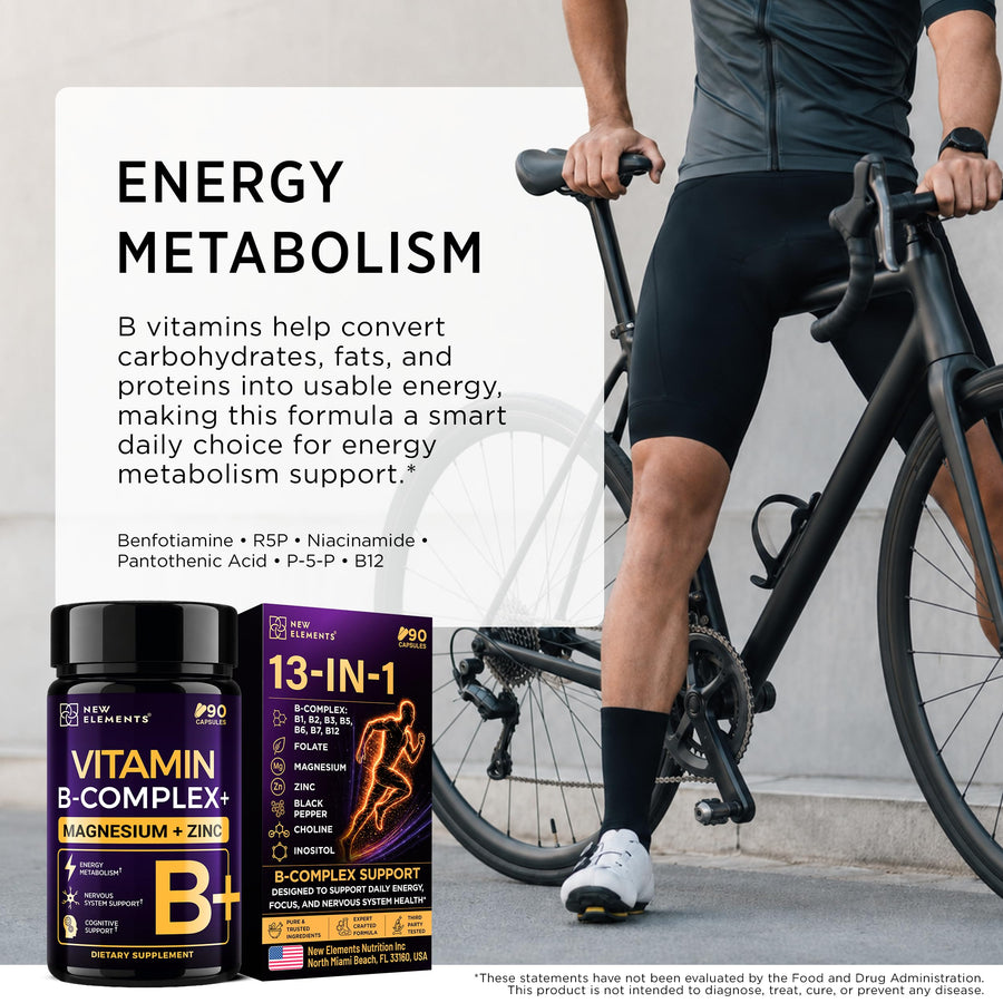 New Elements Methylated Vitamin B Complex for Women & Men, 13-in-1 with B12, Methylfolate, Magnesium Glycinate, Zinc, Choline & Inositol, Energy Metabolism & Nervous System Support, 90 Capsules — Amazon gallery image 3