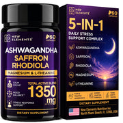 New Elements Ashwagandha Supplements 600mg per Serving with Saffron, Rhodiola Rosea, L-Theanine & Magnesium Glycinate, 5-in-1 Stress Support, Calm Focus & Mood Balance, 60 Vegan Capsules — Amazon gallery image 1